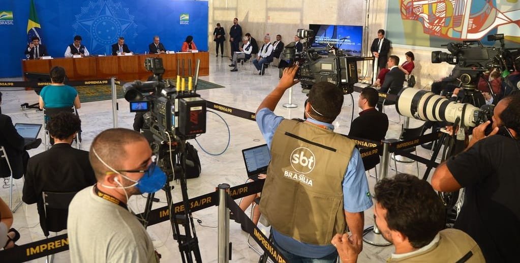 Detalhe dos bastidores da entrevista coletiva diária dos ministros sobre a crise do novo coronavírus/Marcelo Casal Júnior/Agência Brasil