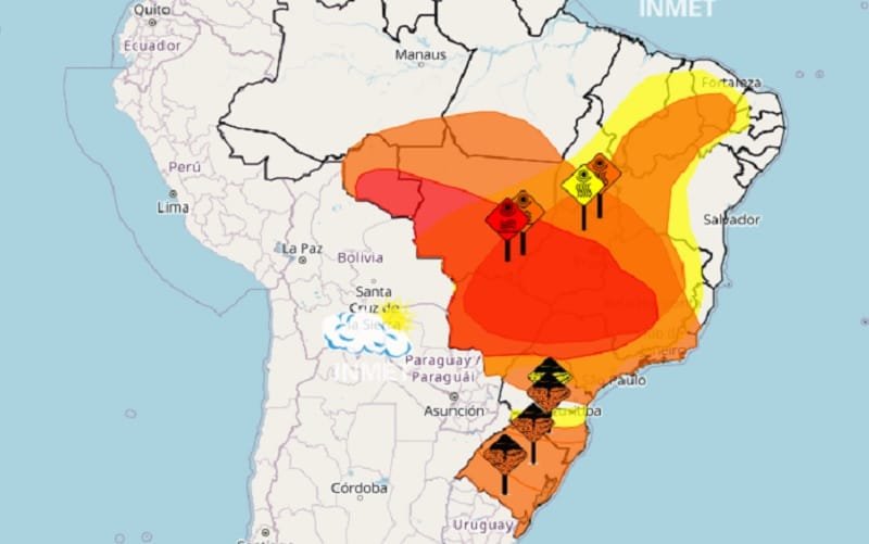 Mapa em vermelho temperatura alerta Misto Brasil