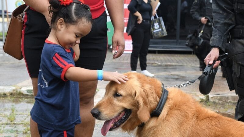 Menina faz carinho no cachorro da Polícia Civil que participou das atividades contra a dengue no Varjão/Jhonatan Vieira/Sejus