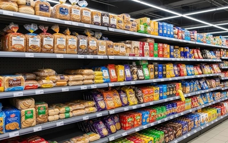 Supermercado gôndolas pães e biscoitos Misto Brasil