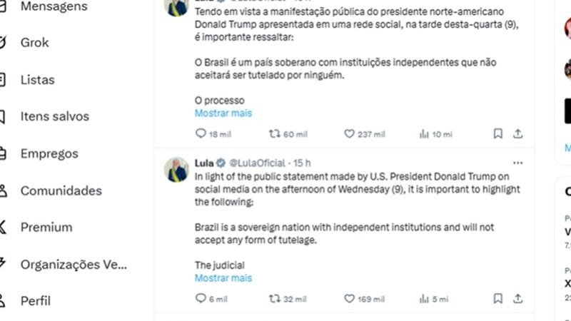Veja os números da narrativa Trump/Lula da Silva no “X”